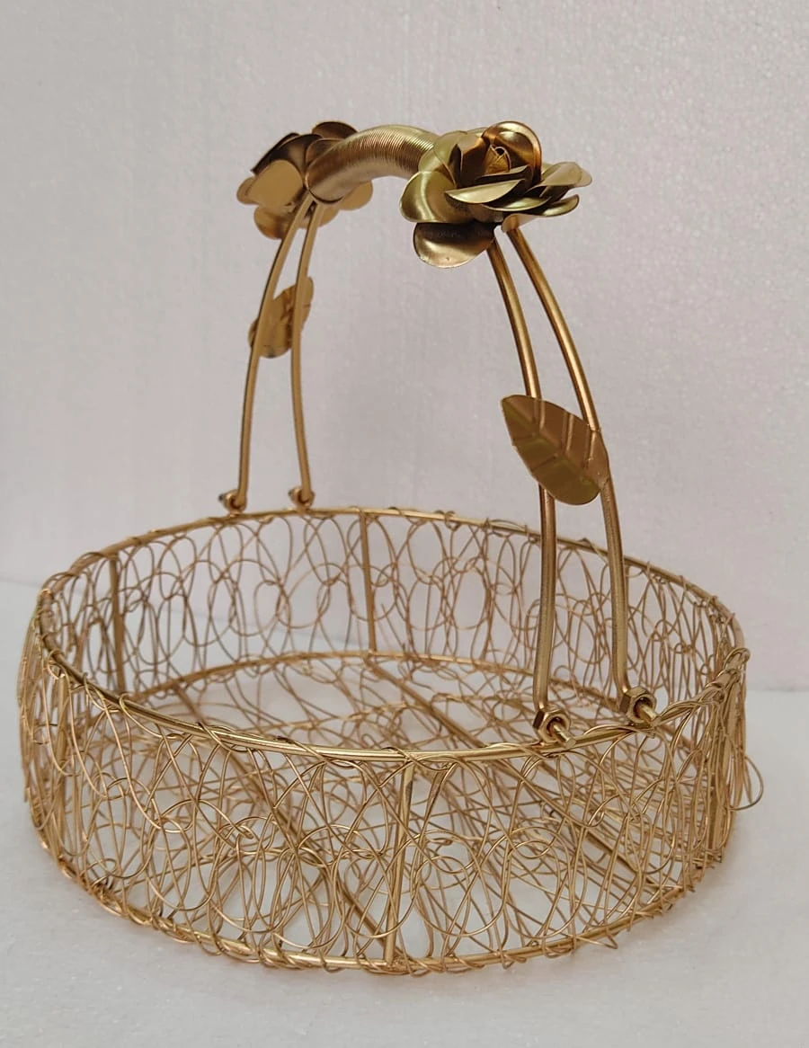 Elegant Gold Wire Mesh Decorative Basket with Rose Accent - Gold wire mesh basket