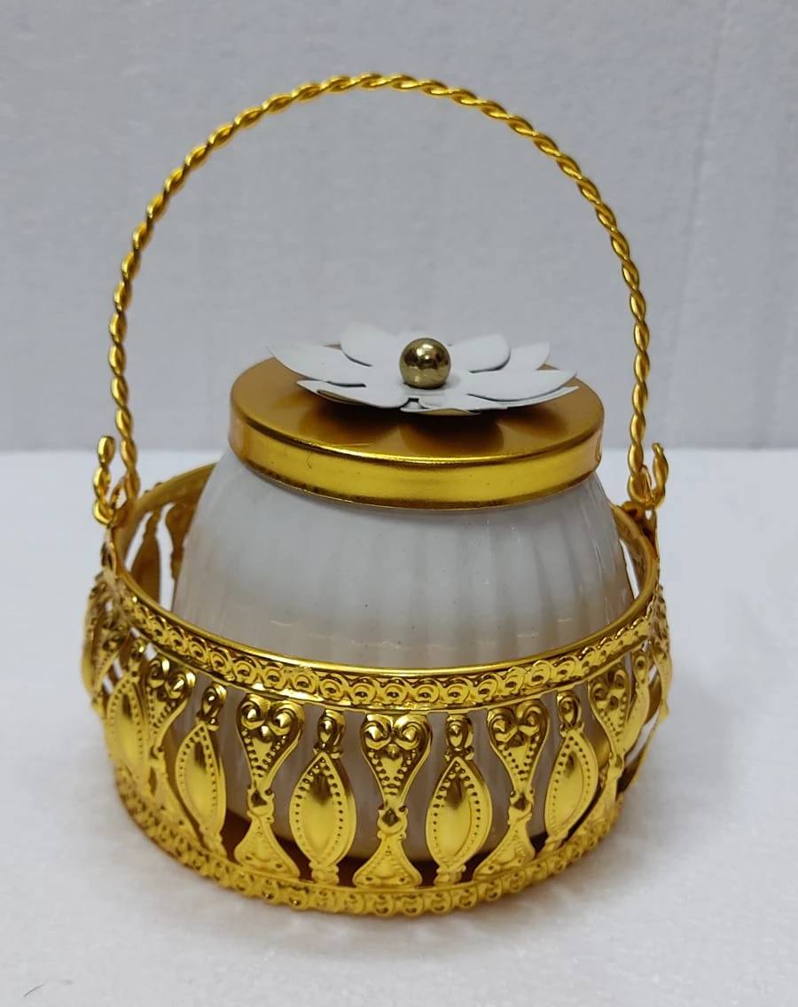 Elegant Gold and White Filigree Decorative Storage Jar with Ornate Handle - Gold filigree storage jar