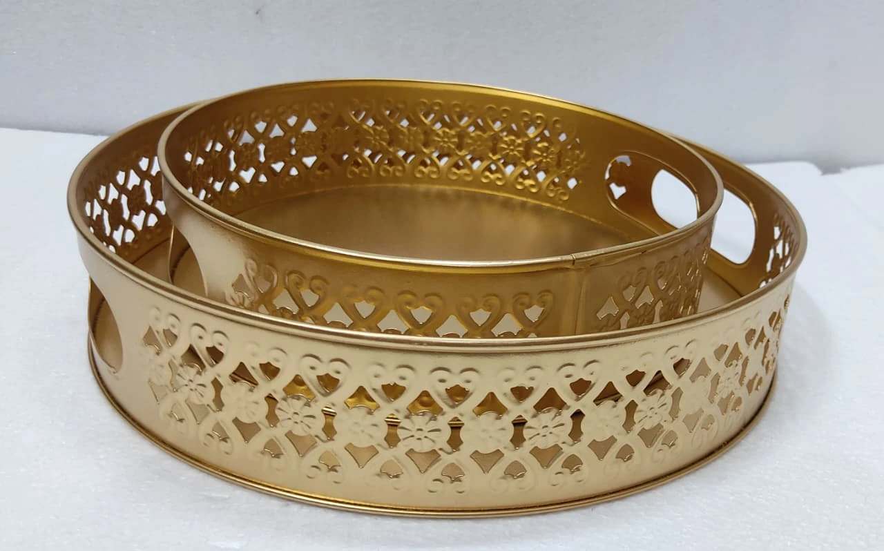 Vintage Gold Decorative Nesting Serving Trays - Elegant Pierced Metal Display Tray Set - Gold nesting trays