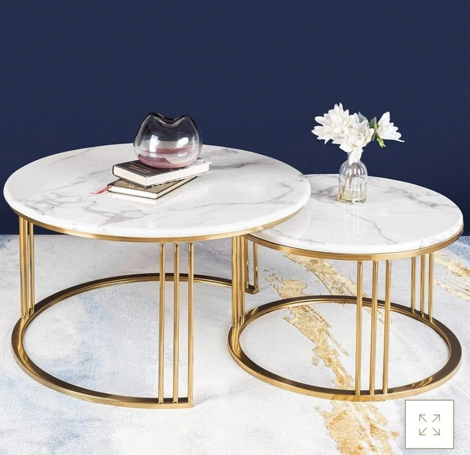 Luxe Marble & Gold Nesting Coffee Tables - Modern Minimalist Living Room Furniture - Marble nesting coffee tables