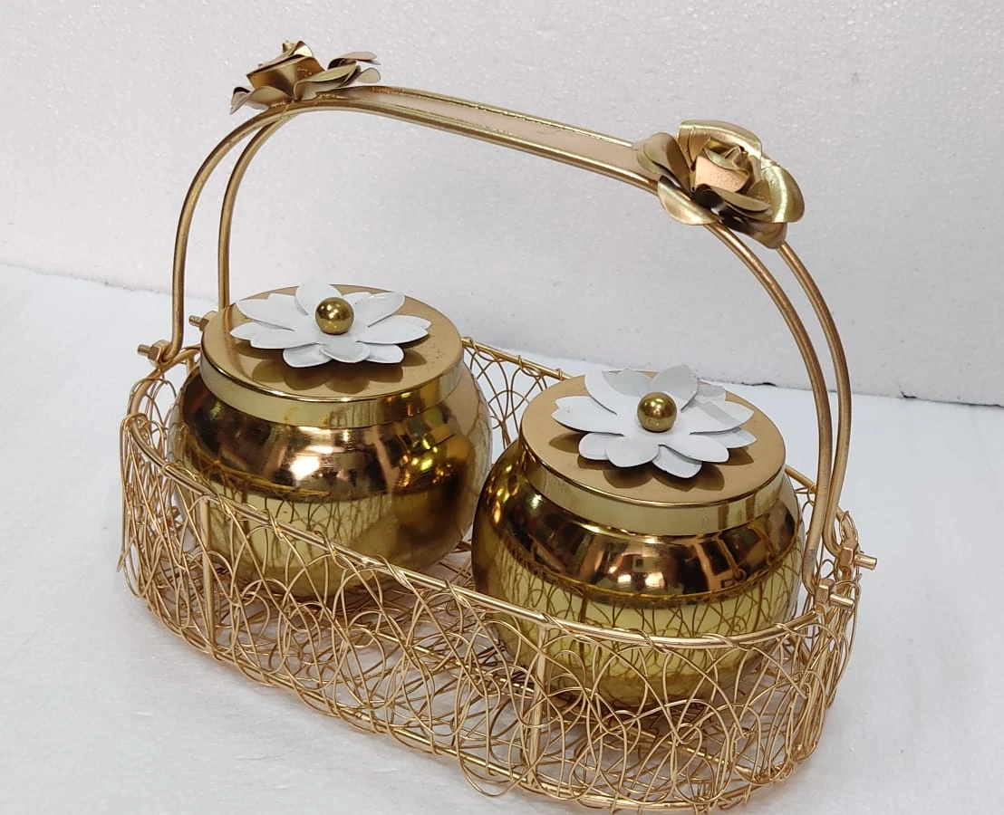 Luxe Gold Wire Decorative Storage Basket with Floral Accent Jars - Gold wire basket