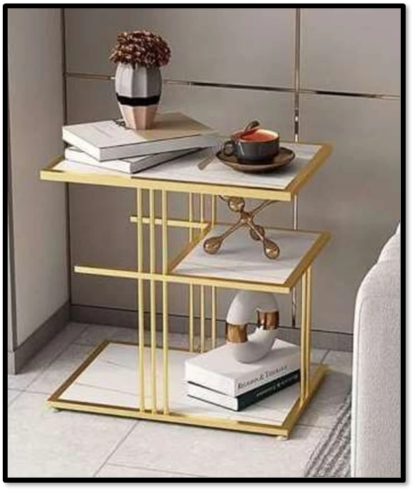 Luxury Gold Metal Side Table with White Marble Top – Modern 3-Tier Sofa End Table