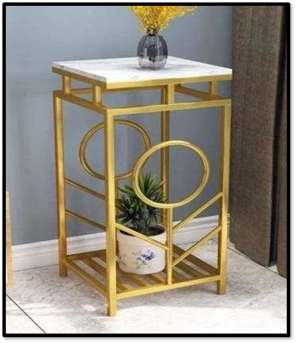 Modern Gold Metal Side Table with White Marble Top – Decorative Plant & Display Stand