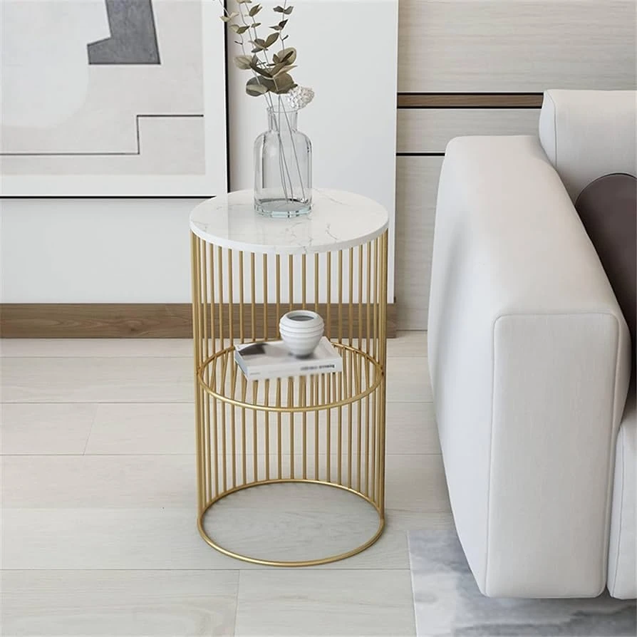 Gold Cage Marble Side Table - Modern Luxury Two-Tier End Table