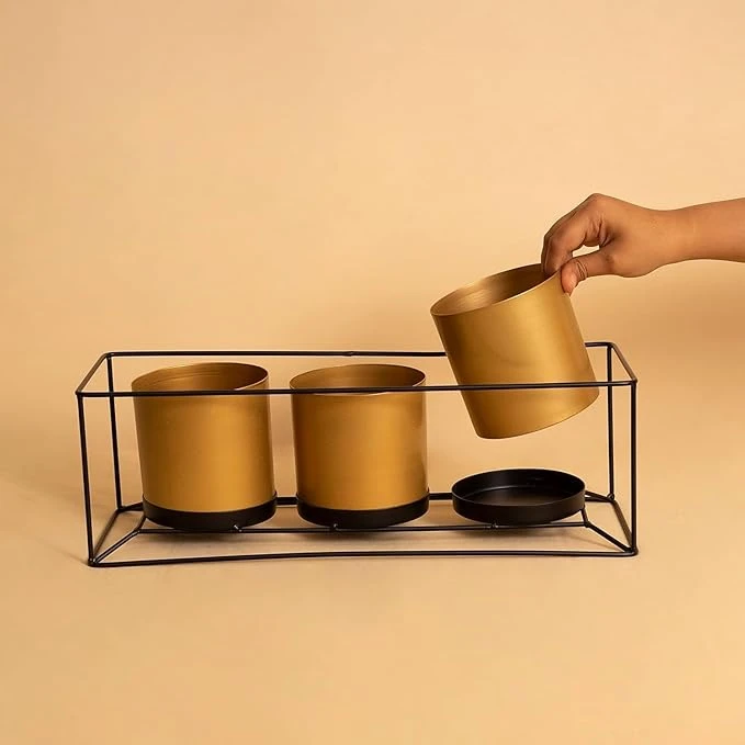 Elegant Gold Iron Planter Set with Stand – 3 Pots for Indoor Plants - Image 3