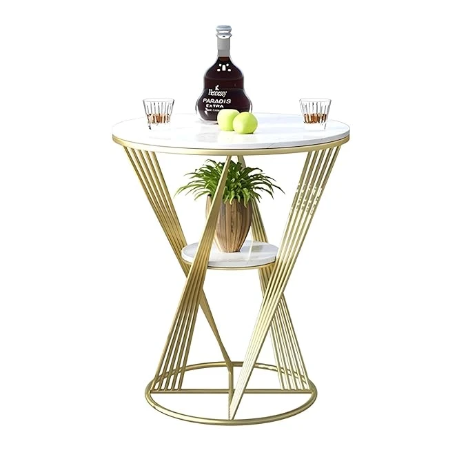 Modern Gold Wire Side Table with Marble Top - Luxury Two-Tier Accent Table
