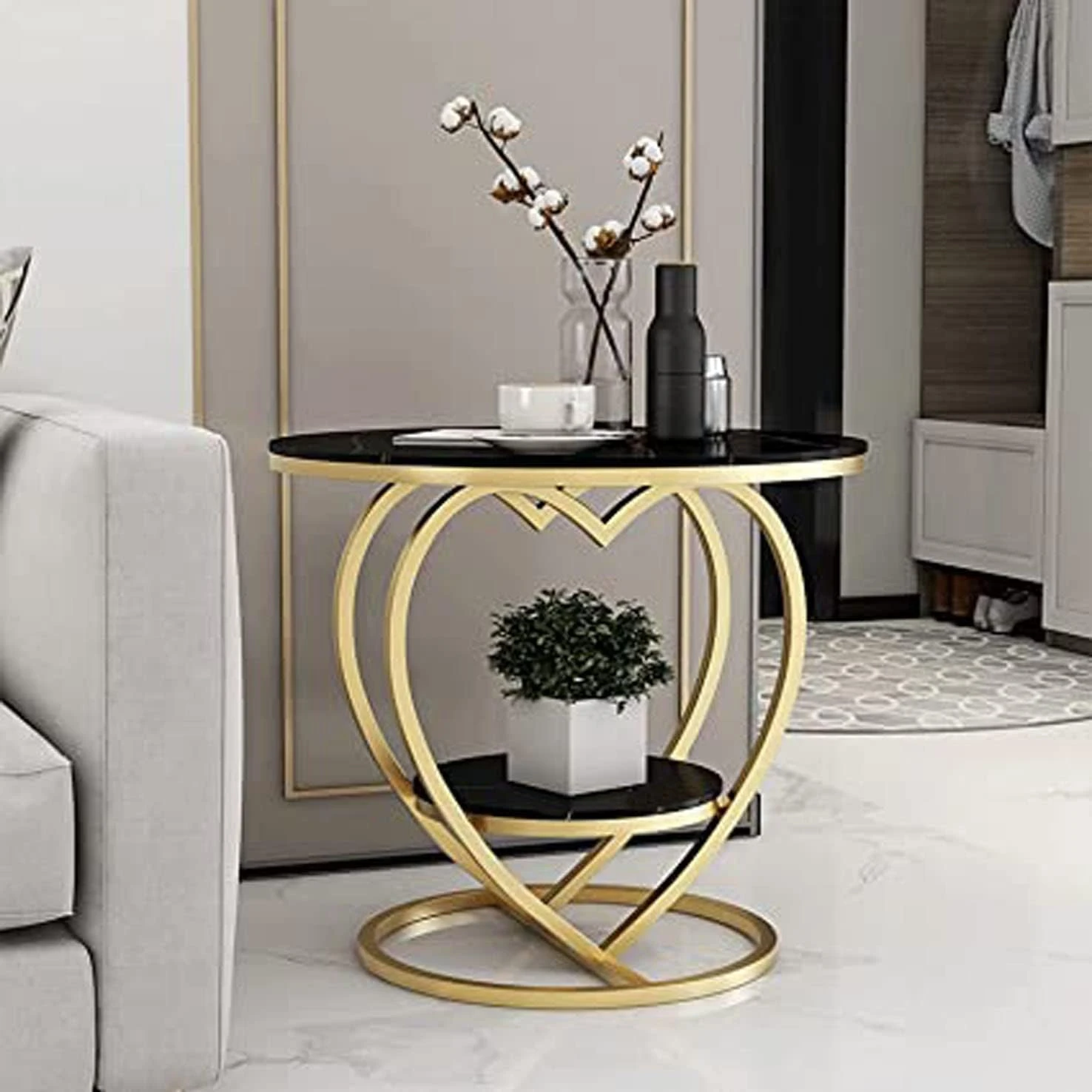 Luxury Gold Heart-Shaped Side Table - Modern Elegance Two-Tier Accent Table