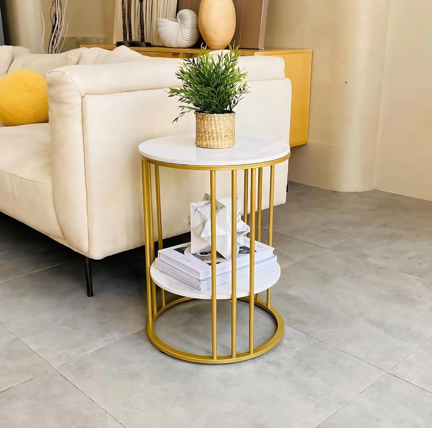 Luxe Gold and Marble Two-Tier Side Table - Modern Accent Furniture - Gold marble side table