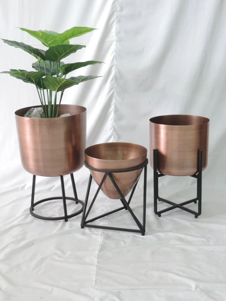 Set of 3 Modern Iron Planters with Black Stands