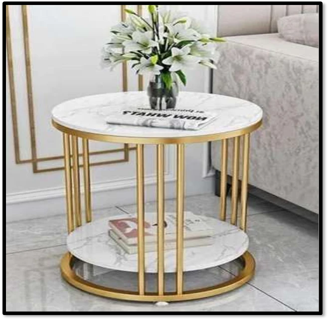 Luxury Gold Metal & Marble Round Side Table – Elegant Living Room Accent Table