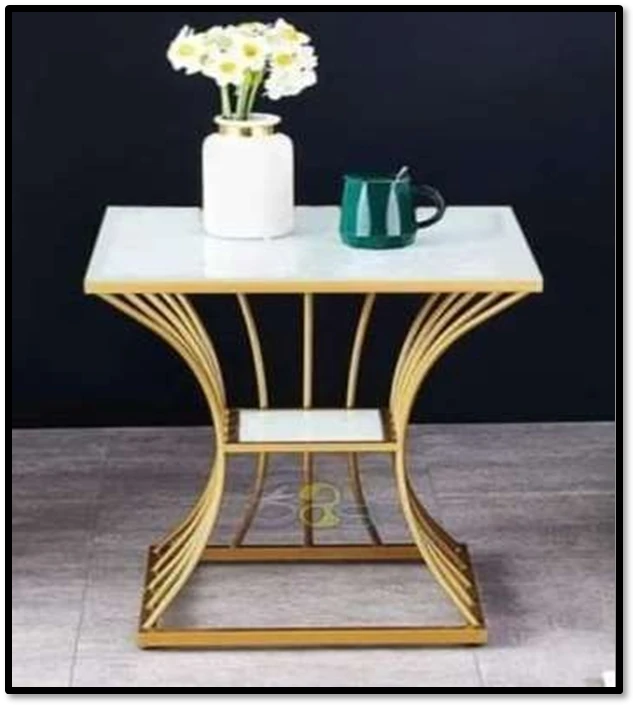 Luxury Gold Metal Side Table with White Marble Top – Modern Hourglass Design End Table