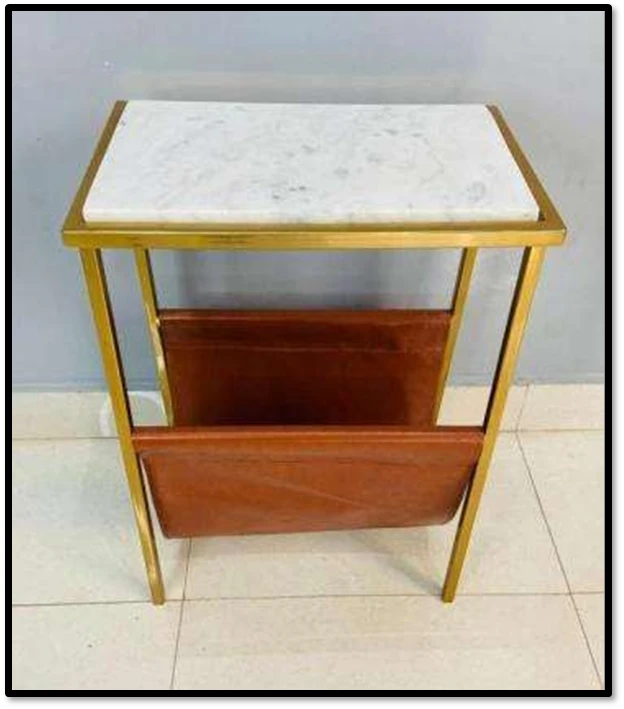 Modern Gold Metal Side Table with White Marble Top & Leather Magazine Holder