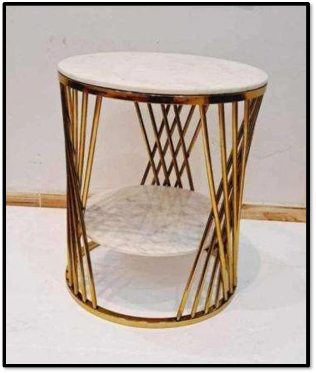 Modern Gold Metal Side Table with Dual White Marble Shelves