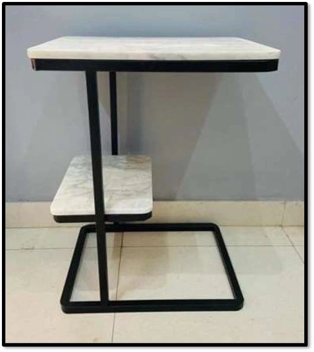 Modern Black Metal Side Table with Dual White Marble Shelves