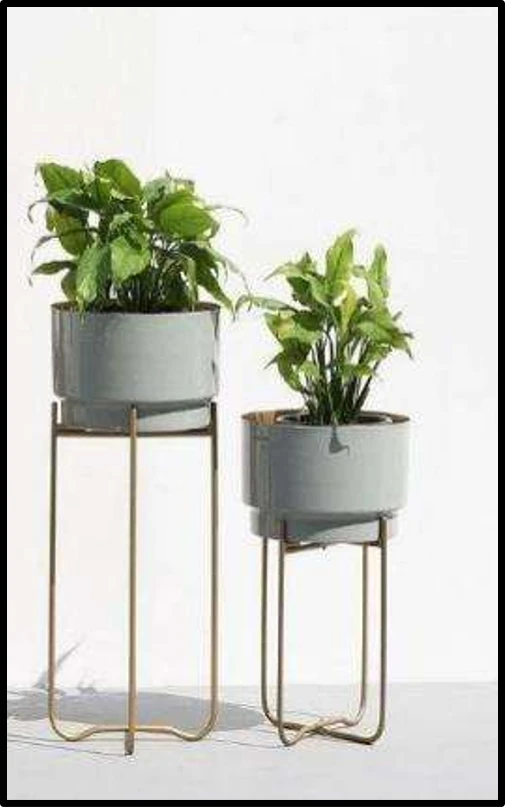 Modern Ceramic Planter Set with Iron Stands – Minimalist Indoor Flower Pots