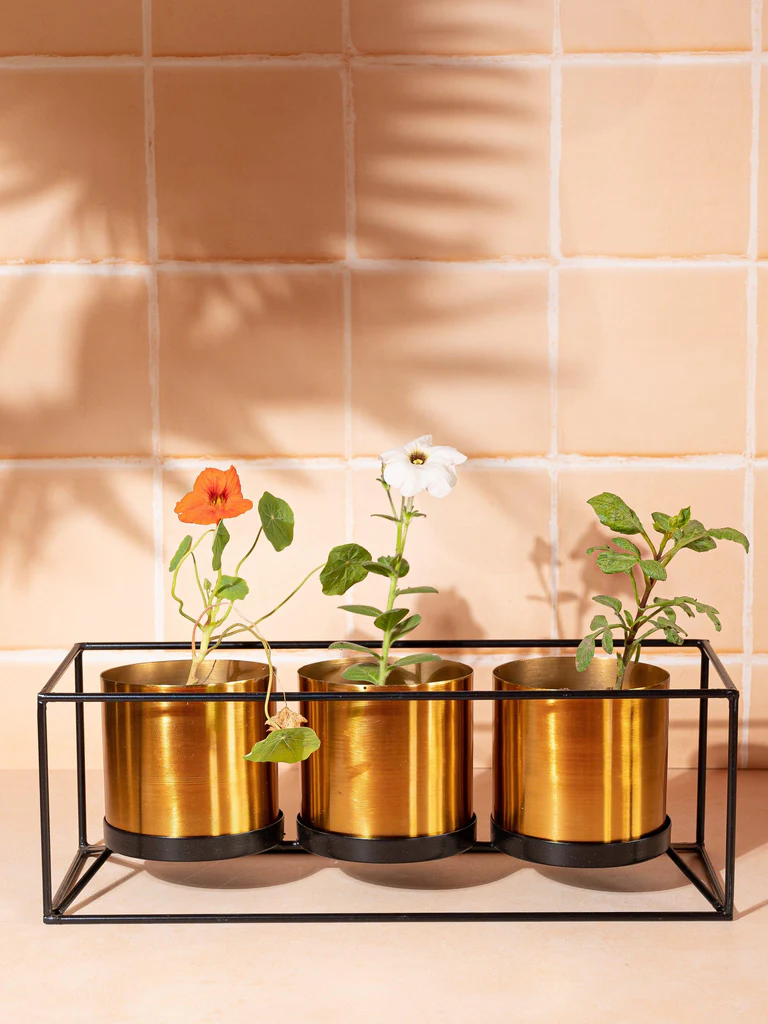 Elegant Gold Iron Planter Set with Stand – 3 Pots for Indoor Plants