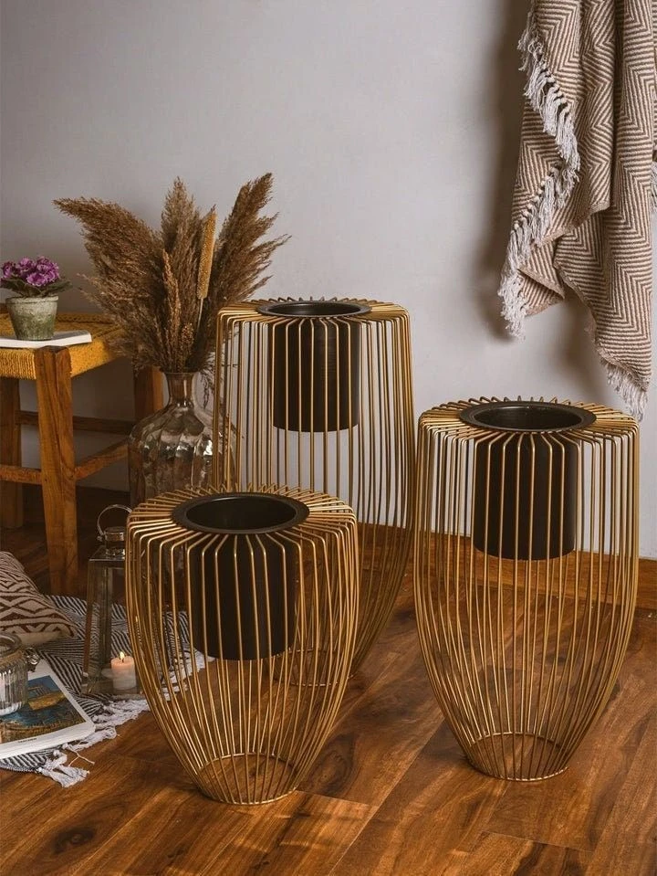 Modern Gold Iron Wire Planter Set – Decorative Indoor Plant Stands (Set of 3) - Image 2