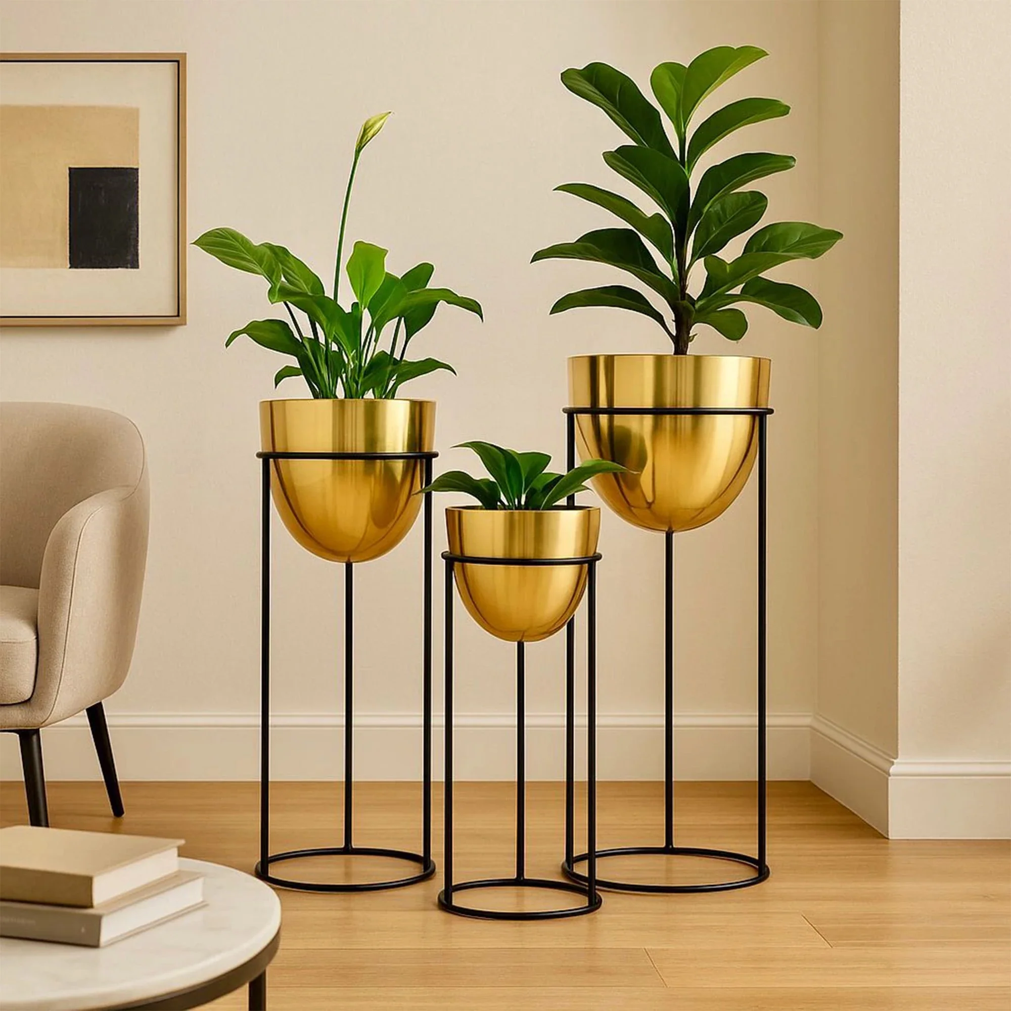 Set of 3 Gold Iron Planters with Black Iron Stands – Modern Indoor Plant Pots