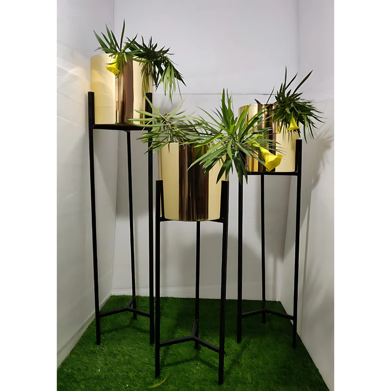 Luxury Gold Metal Planters with Black Stands – Set of 3 | Modern Indoor Plant Pots