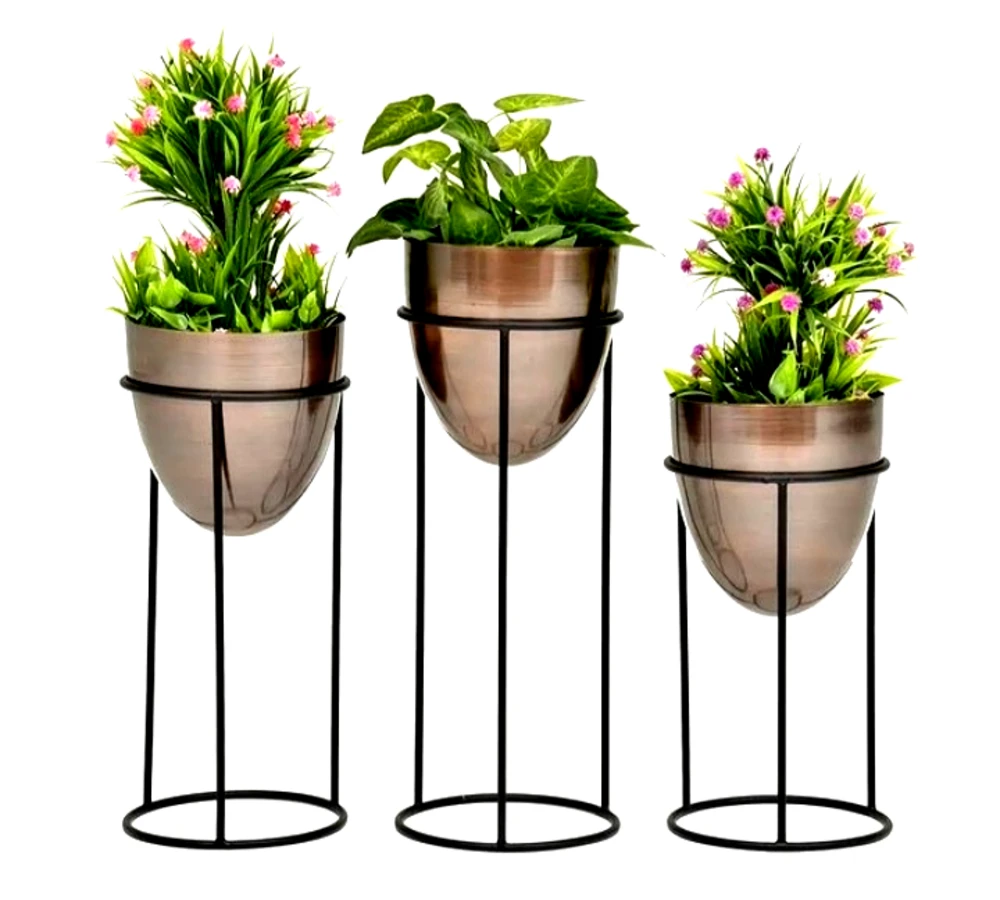Set of 3 Gold Iron Planters with Black Iron Stands – Modern Indoor Plant Pots - Image 5