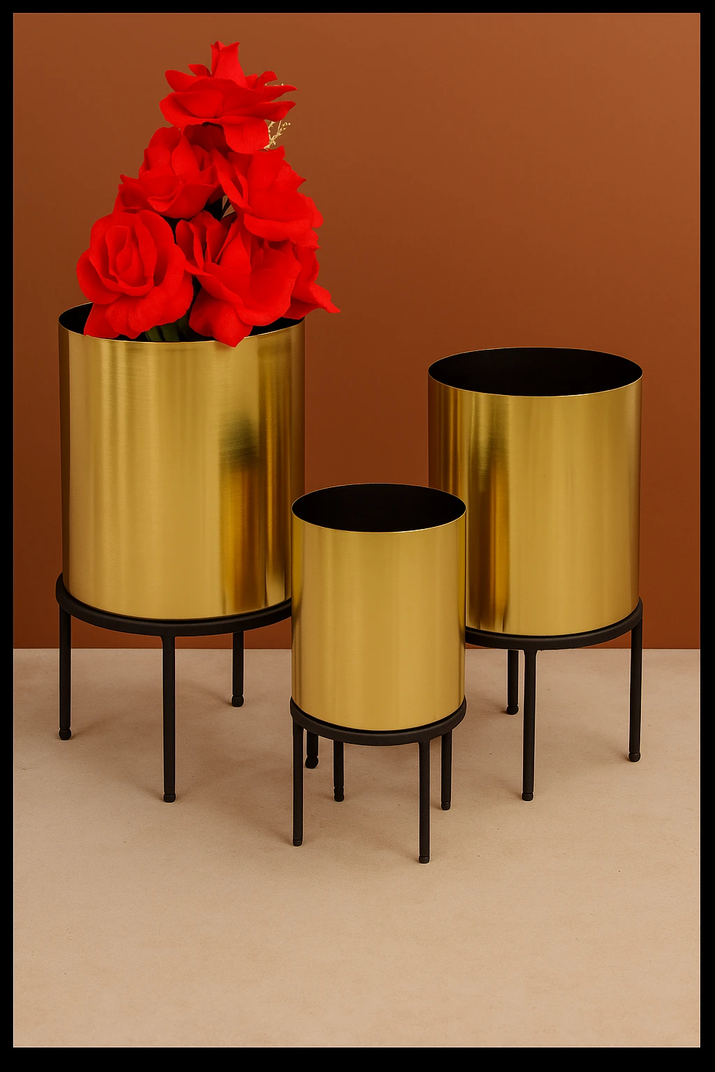Luxury Gold Iron Planters with Black Stands – Set of 3