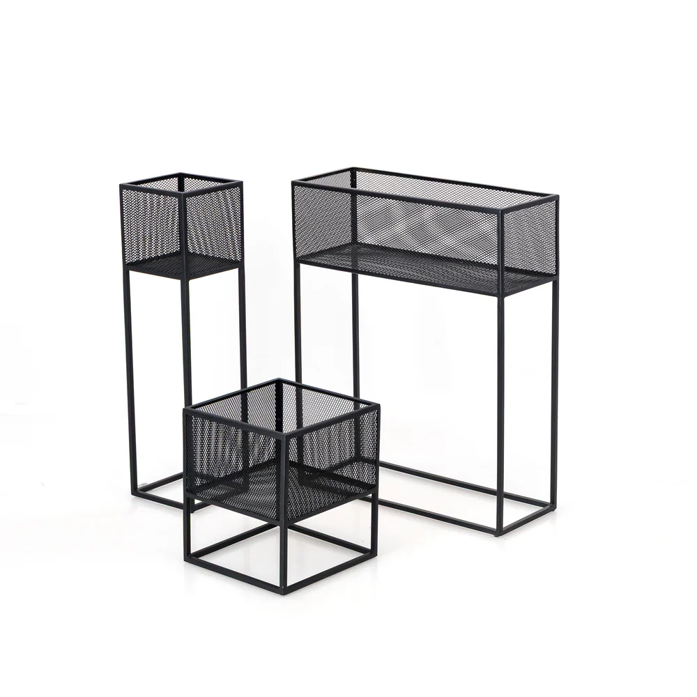 Modern Black Iron Planter Stand Set – Textured Mesh Design (3 Sizes) - Image 3