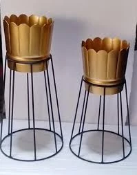 Golden Iron Planters with Black Iron Stand – Set of 2