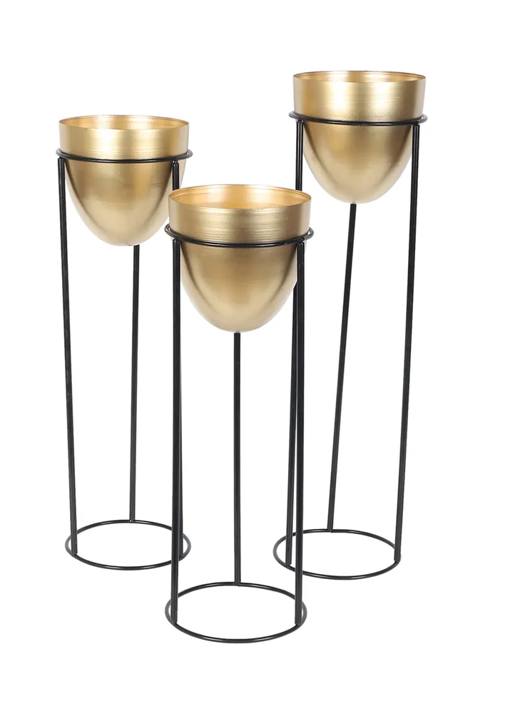 Set of 3 Gold Iron Planters with Black Iron Stands – Modern Indoor Plant Pots - Image 4