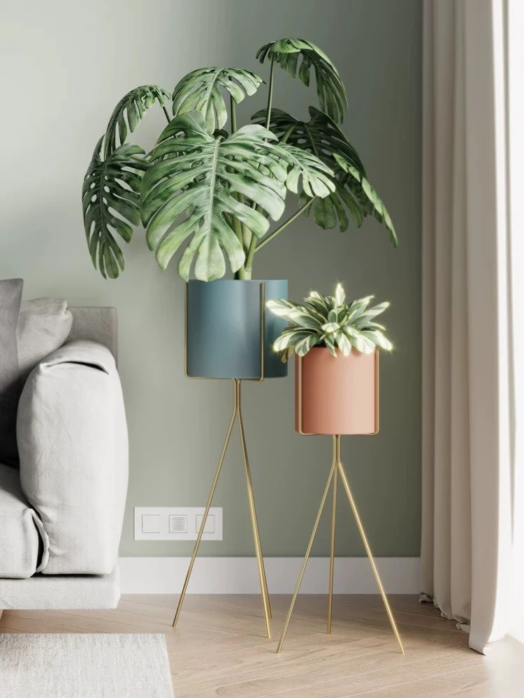 Modern Iron Planter Stands – Set of 2 (Gold Frame with Blue & Peach Pots)