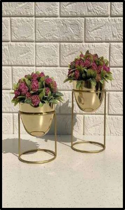 Elegant Gold Iron Planter Stand Set with Artificial Flowers – Set of 2