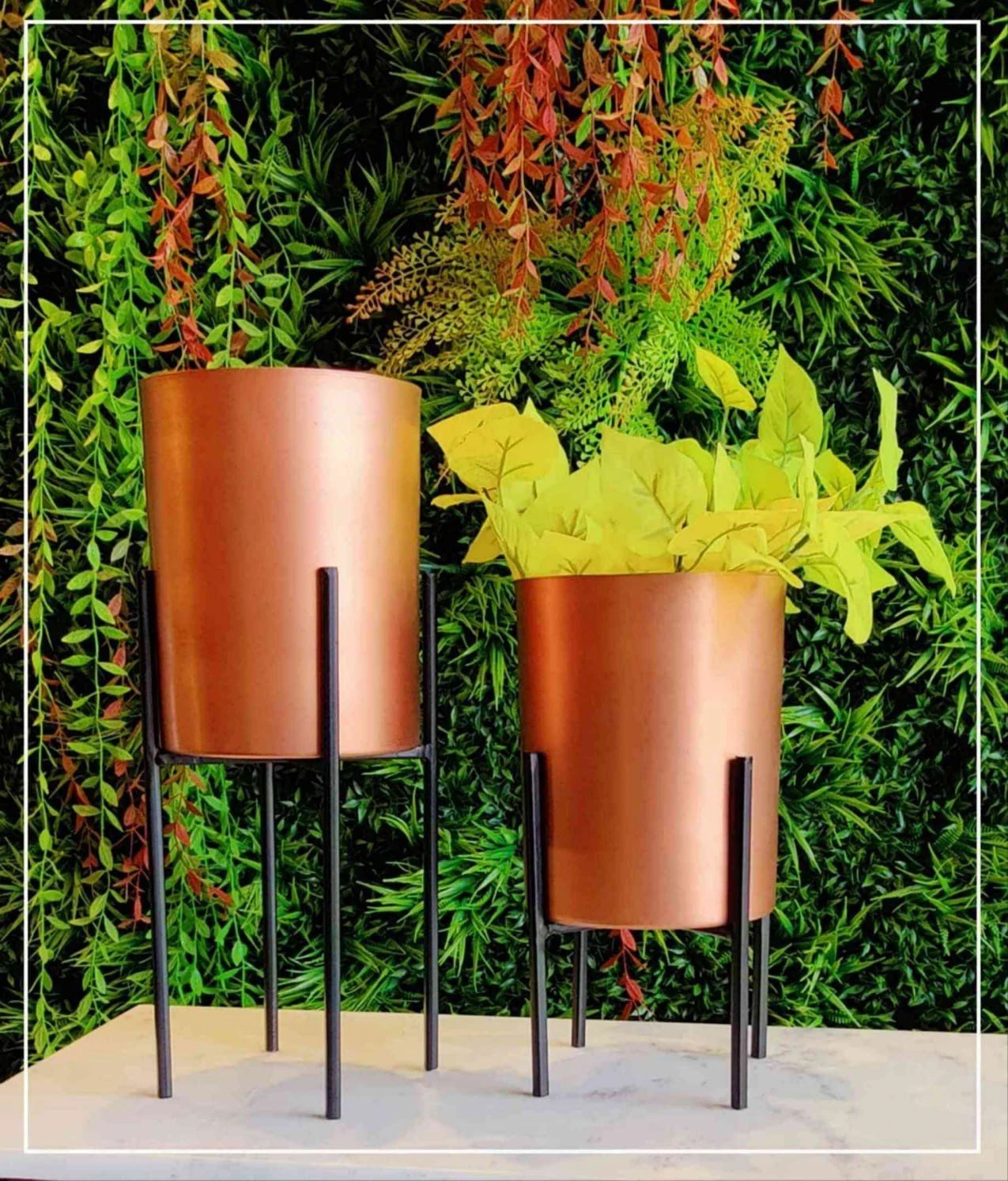 Set of 2 Iron Copper Planters with Black Iron Stands – Modern Decorative Flower Pots for Home & Office Décor