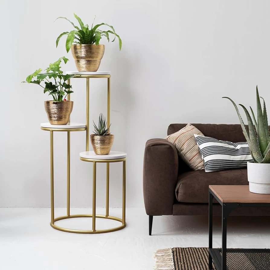 Modern 3-Tier Gold Iron Plant Stand with Marble Top | Indoor Flower Pot Display Rack - Image 2