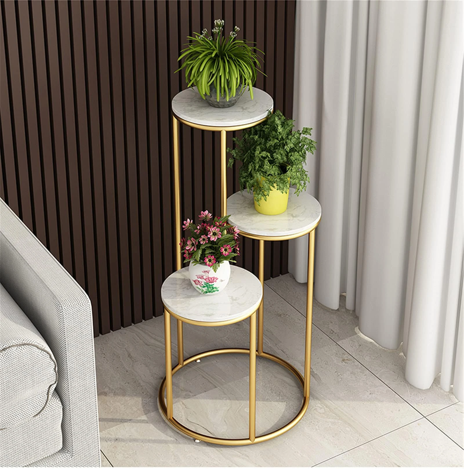 Modern 3-Tier Gold Iron Plant Stand with Marble Top | Indoor Flower Pot Display Rack